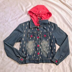 Girl's Jean‎ Denim Jacket Frayed Pink Buttons Detachable Hood Large